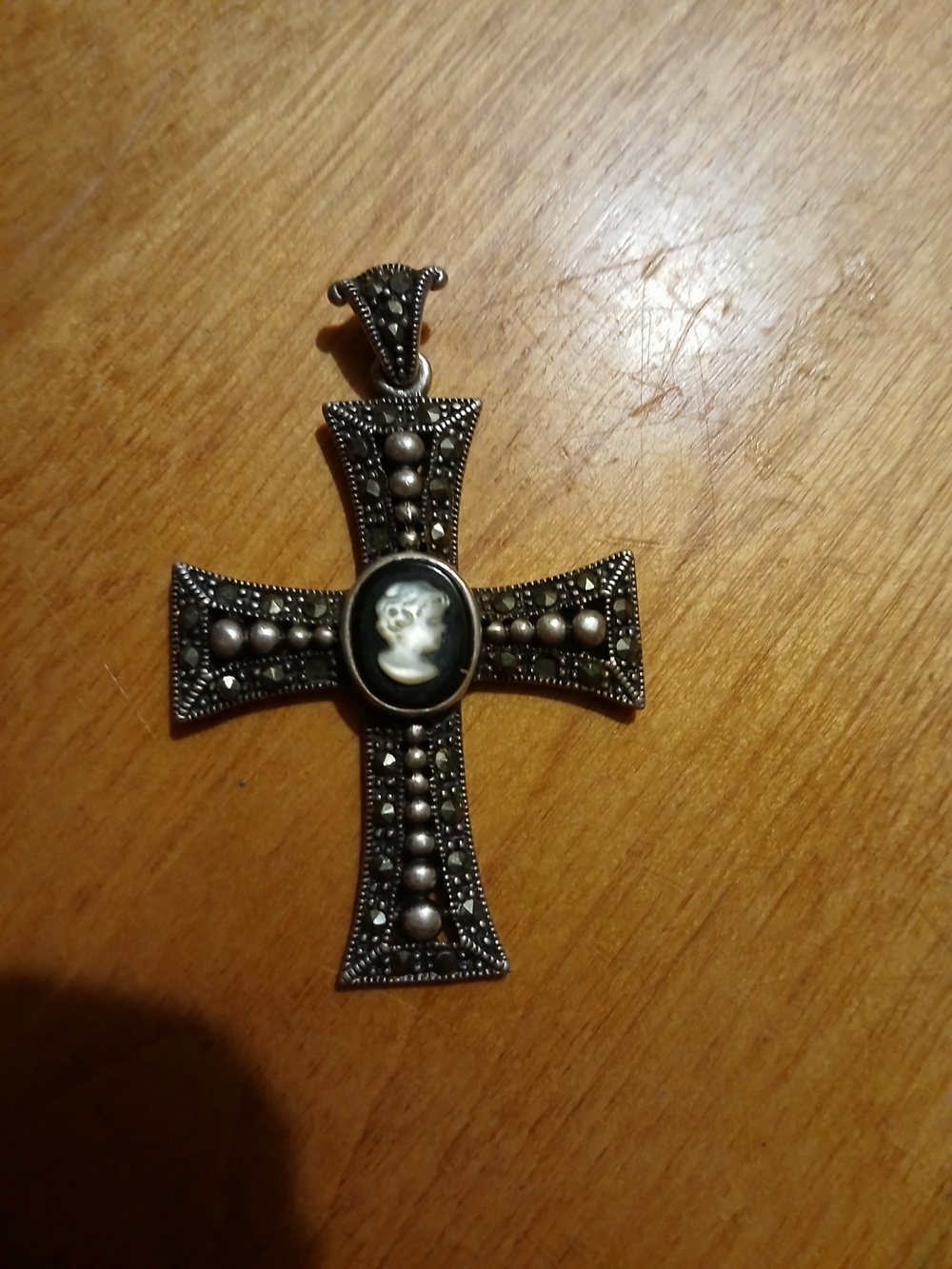 Sterling Silver Cameo Cross Pendant in Antique Black